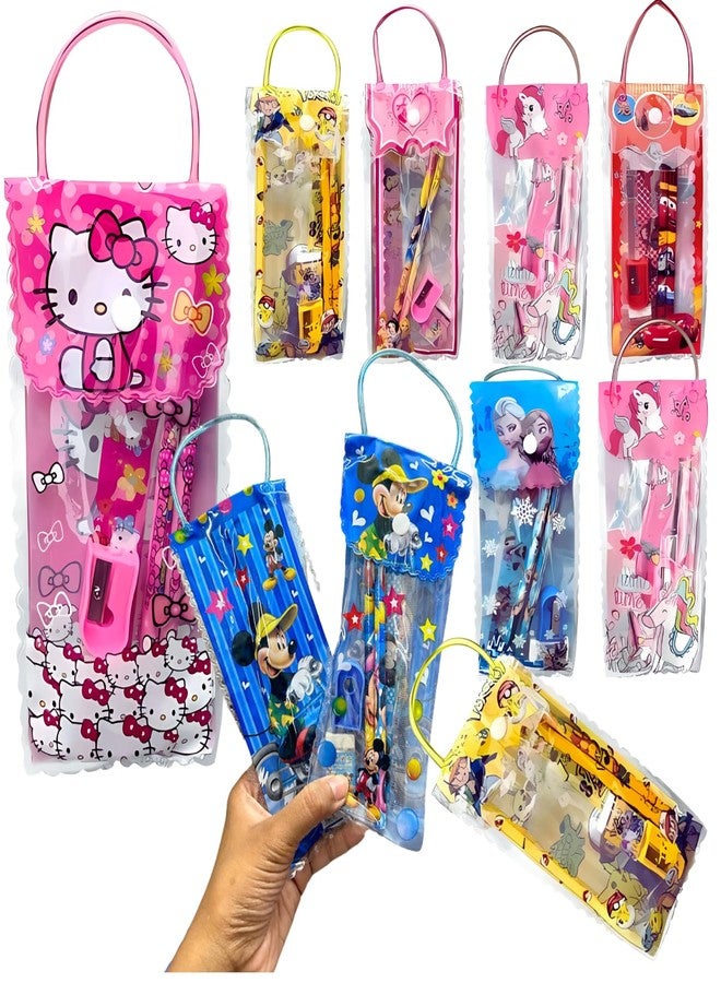 Isvi Cartoon Theme Stationery Set for Kids (Pack of 6) - Includes 2 Pencils, Eraser, Sharpener, Scale in Reusable Handle Pack - Birthday Return Gift, Party Favor, School Supplies for Boys & Girls - Image 1